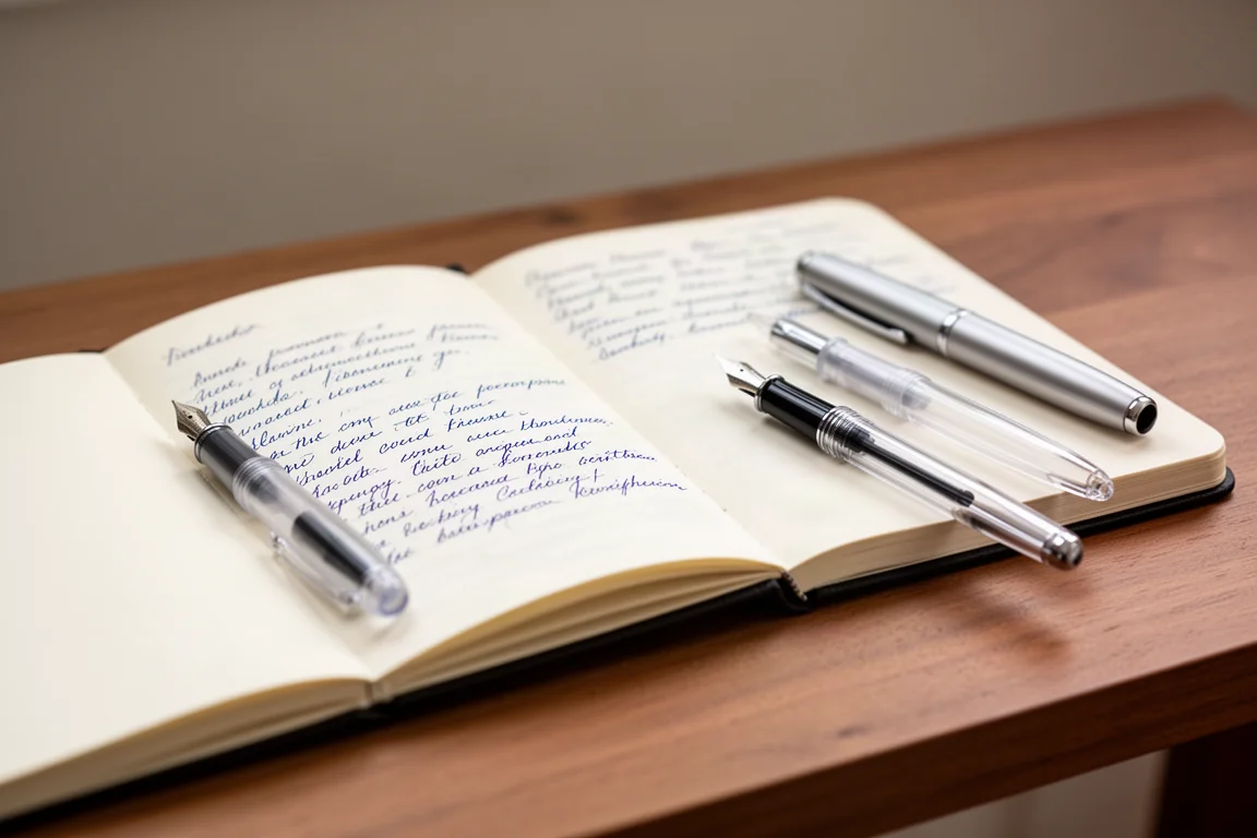 Two fountain pens resting on a wooden desk beside an open notebook