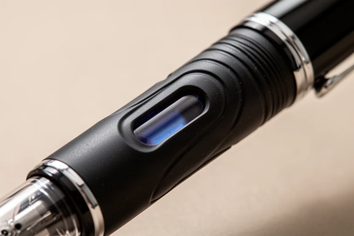 Close-up of a translucent ink window on a fountain pen grip section