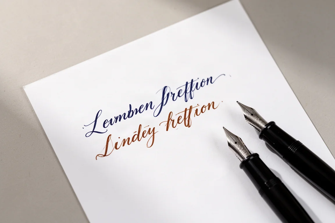 Handwriting sample in blue and brown ink on white paper