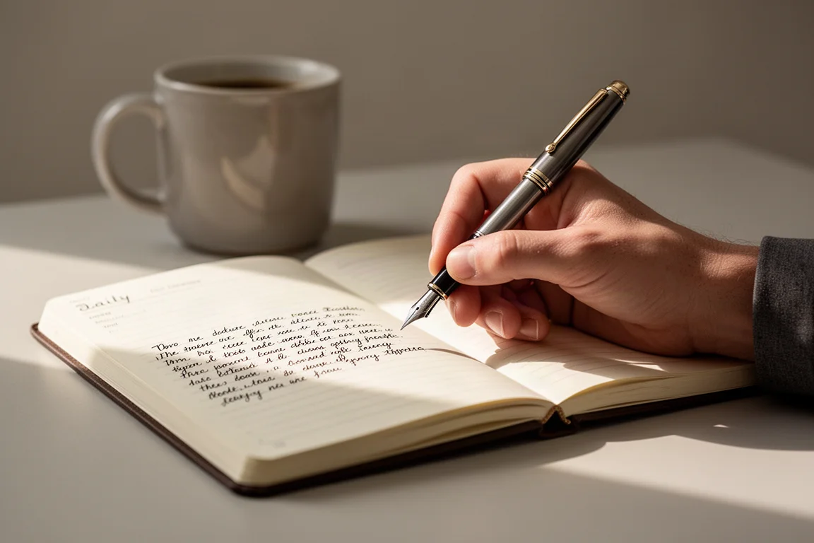 A person writing with a fountain pen in a daily journal at a desk