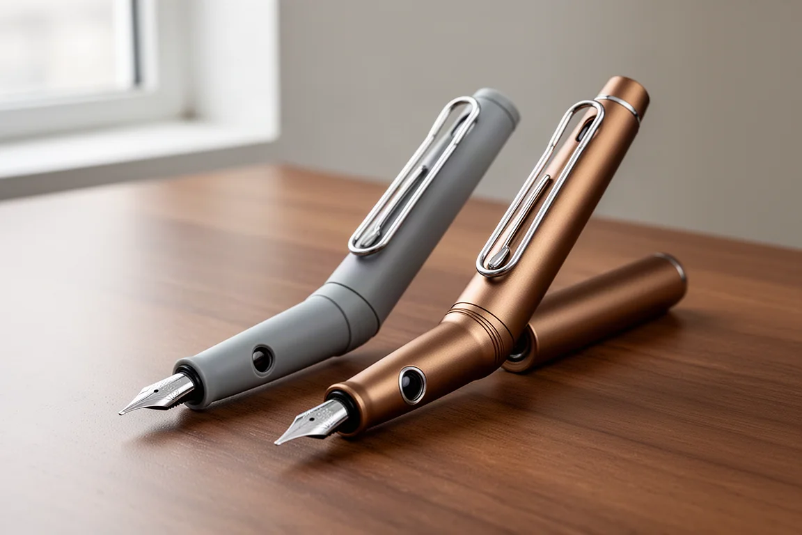 Lamy Safari and Lamy AL-Star fountain pens side by side on a wooden desk