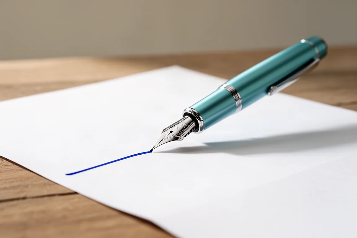 白い紙に万年筆で青インクの線を書いている様子