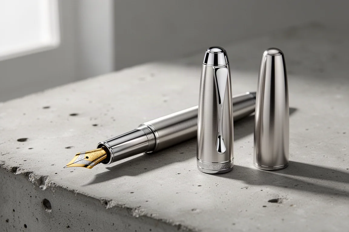 Lamy Studio all-metal fountain pen with polished cap and gold nib on concrete surface