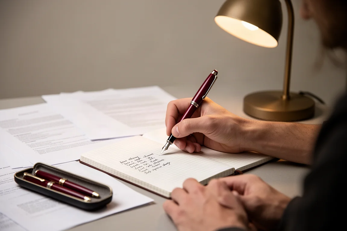 Hand schrijft met een vulpen in een notitieboekje op een net bureau