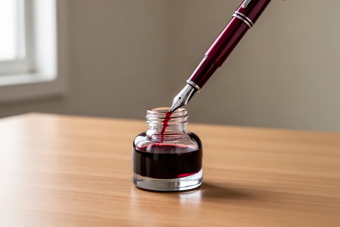 Vulpen wordt gevuld uit een glazen inktfles bij een bureau