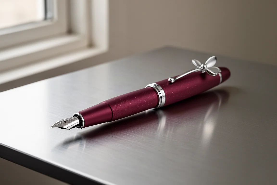Burgundy Lamy Studio Orion fountain pen with silver clip on a brushed aluminium surface
