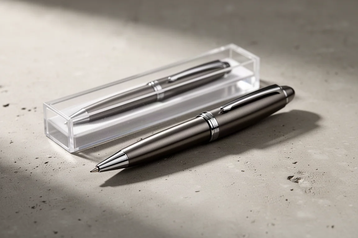 Dark metallic Lamy Swift rollerball pen beside its clear presentation case