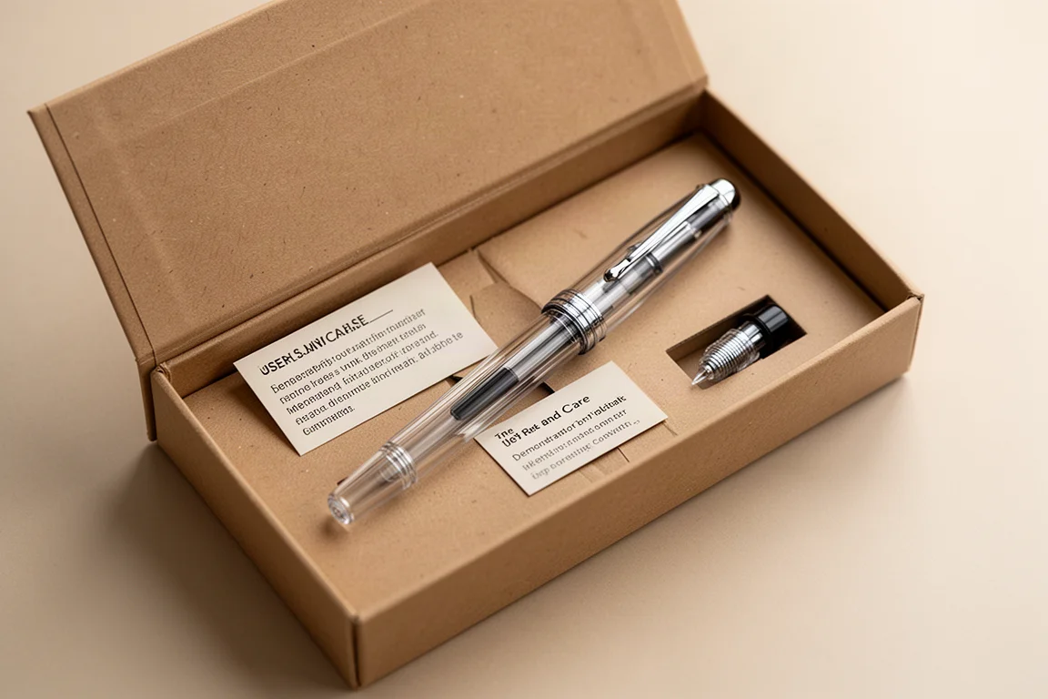 Stylo-plume transparent dans une boîte de présentation en carton ouverte avec convertisseur