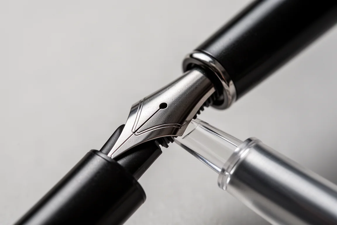 Gros plan sur une plume acier noire de stylo-plume aux épaules repliées et au canal en plastique