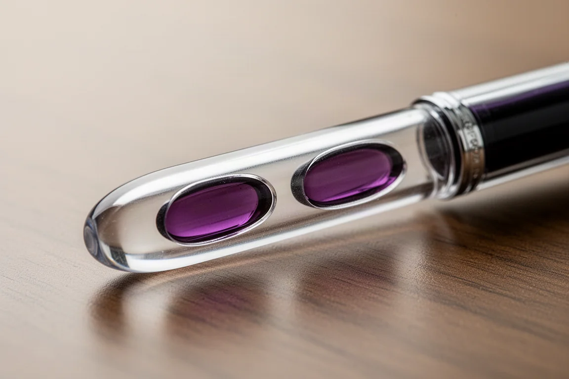 Barillet de stylo-plume montrant une longue fenêtre ovale d'encre avec le niveau visible