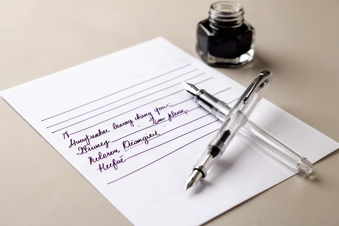 Échantillon d'écriture à l'encre violet foncé sur papier blanc à côté d'un stylo-plume transparent