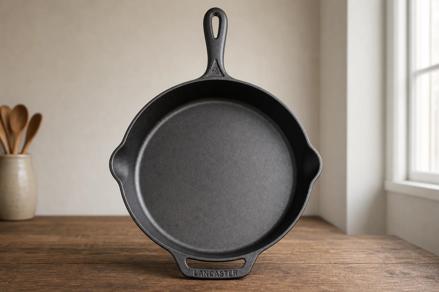 Cinq poêles en fonte disposées sur une surface en bois, illustrant la variété des styles et des finitions