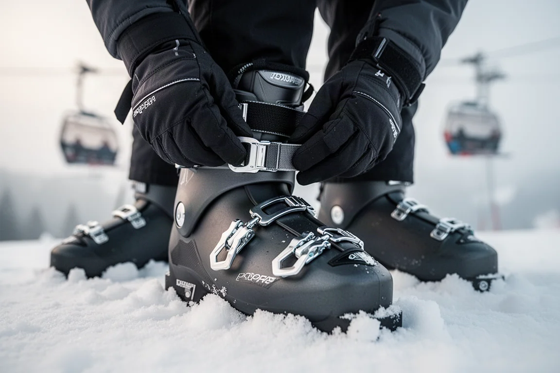 Gloved hands cinching the buckle and power strap on a low-volume alpine ski boot in snow