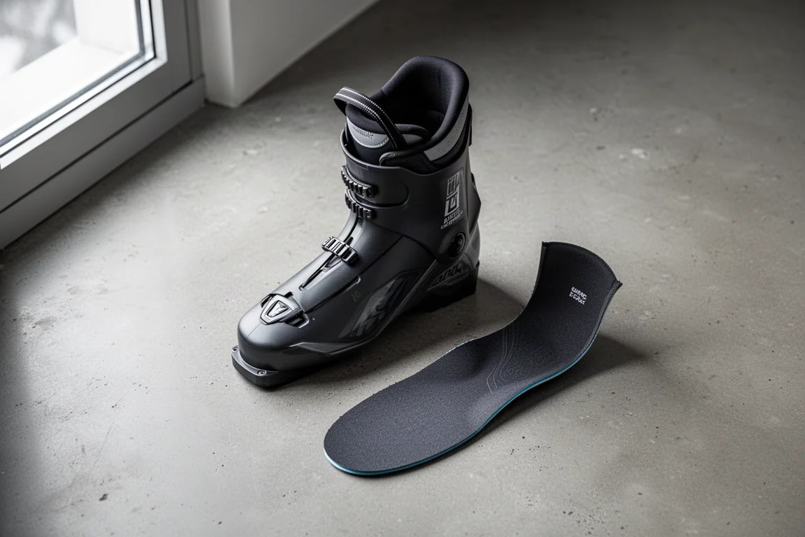 Top-down view of a skier's low-volume boot shell showing a narrow forefoot footprint