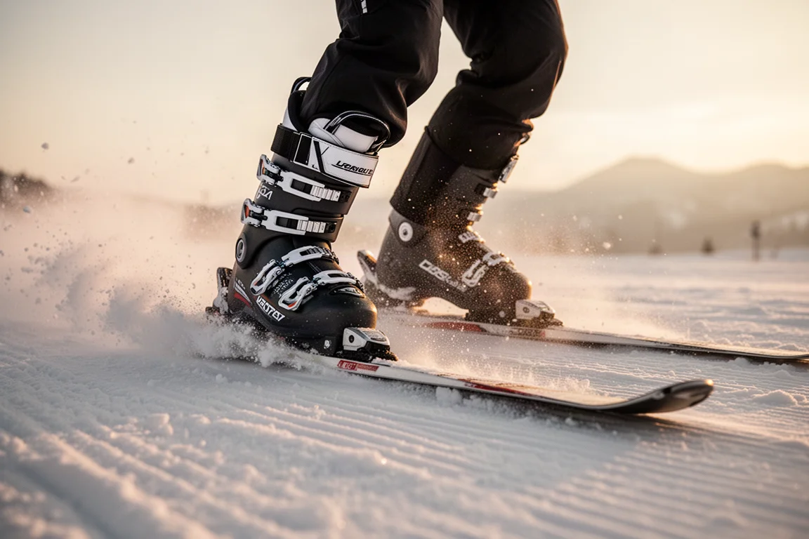 Skier driving forward into the tongue of a boot on a groomed piste at sunrise