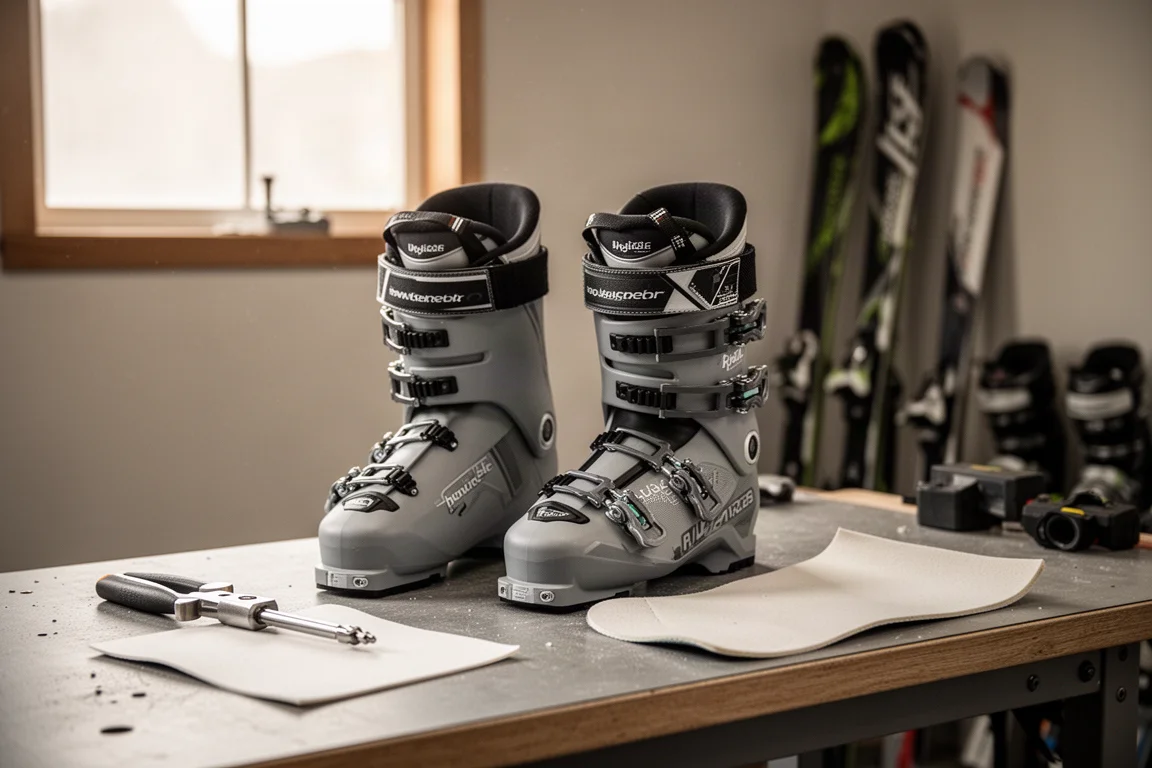 Pair of low-volume race ski boots lined up beside skis in a boot-fitting workshop