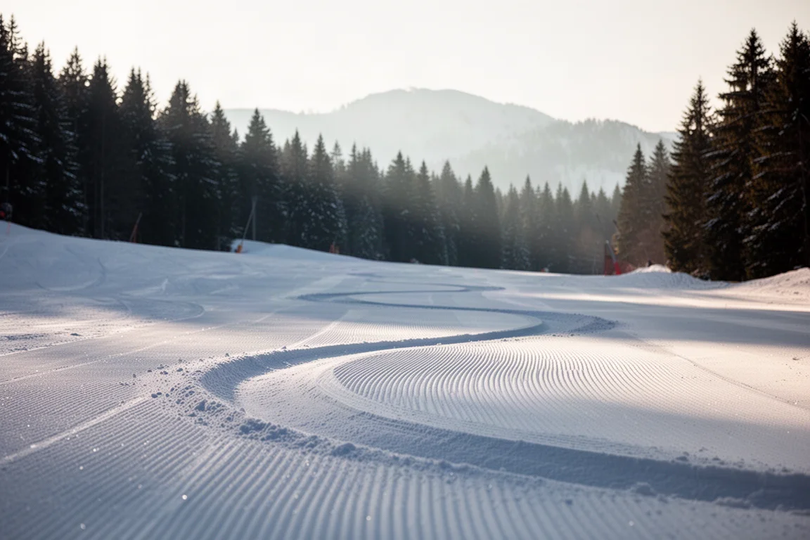 Groomed alpine slope at mid-morning with clean carved turns cut into the corduroy snow