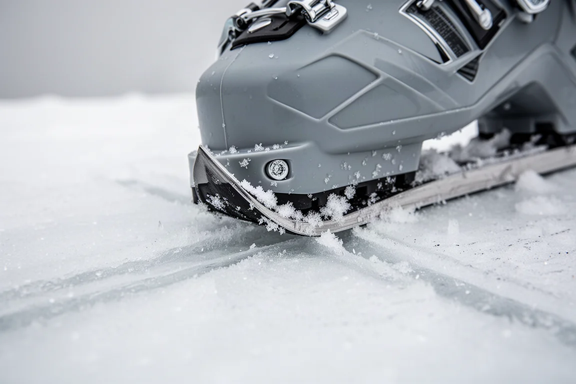Close-up of a stiff plastic ski boot sole edge pressed into hardpack snow