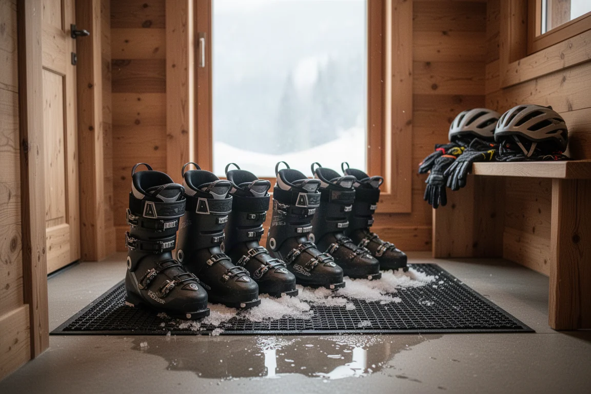 Row of dark alpine ski boots on a rubber mat in a timber mountain lodge entryway