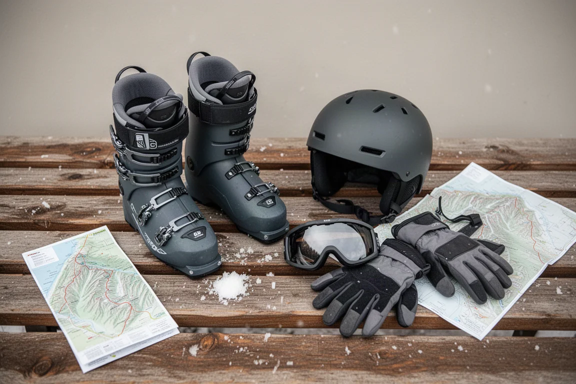 Overhead scene of ski boots, helmet, goggles, and gloves on a weathered wooden bench