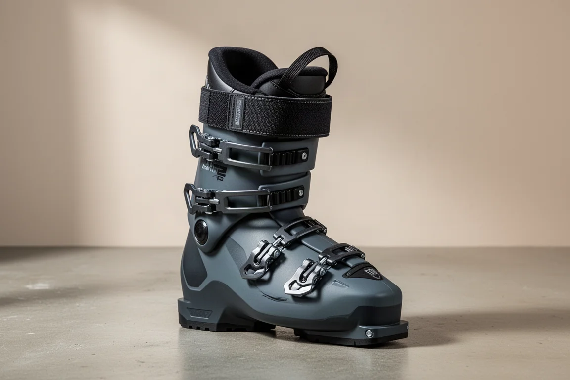 Sztywny but narciarski o niskiej objętości z czterema klamrami stojący na betonowej powierzchni