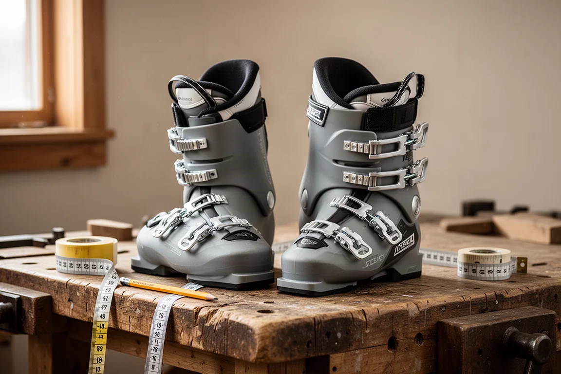 Dwa alpejskie buty narciarskie obok siebie na stole warsztatowym, jeden z widocznie niższą cholewką