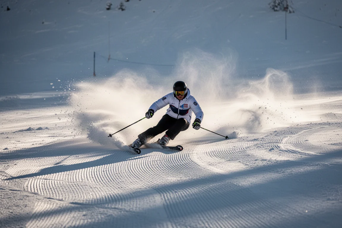 Alpin-Skifahrer fährt im frühen Morgenlicht eine schnelle Schwungkurve auf präparierter Piste