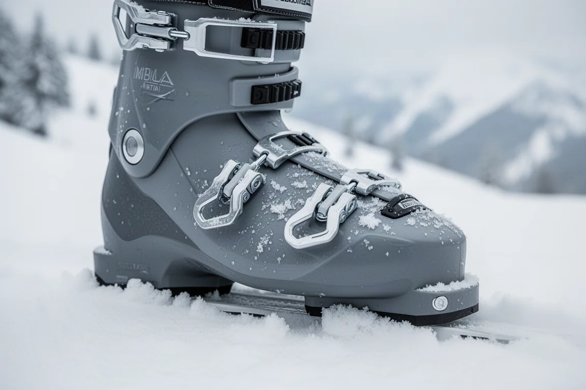 Nahaufnahme der unteren Schale eines Alpinski-Schuhs mit fester Sohle auf festem Schnee