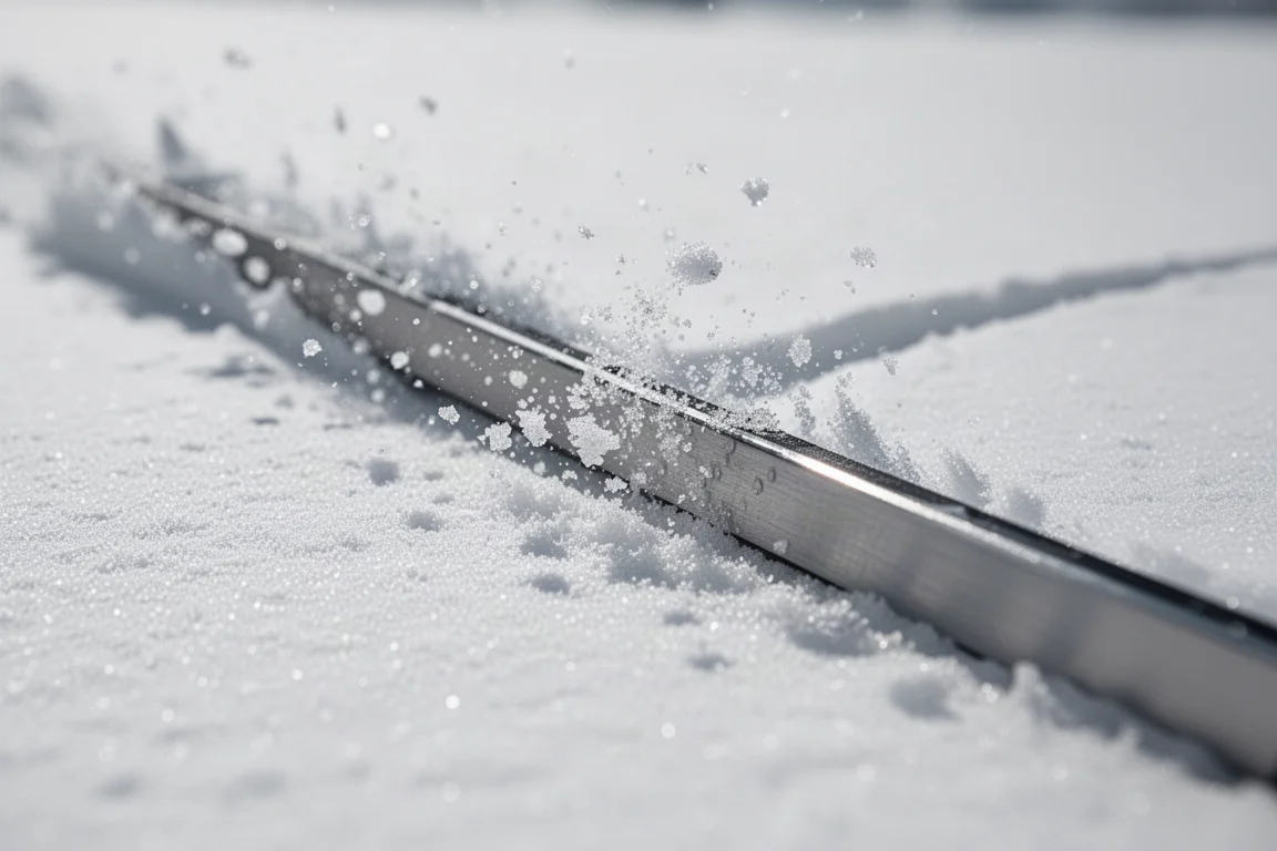 Skikante schneidet in festen Harschschnee, Schneekristalle spritzen in die Luft