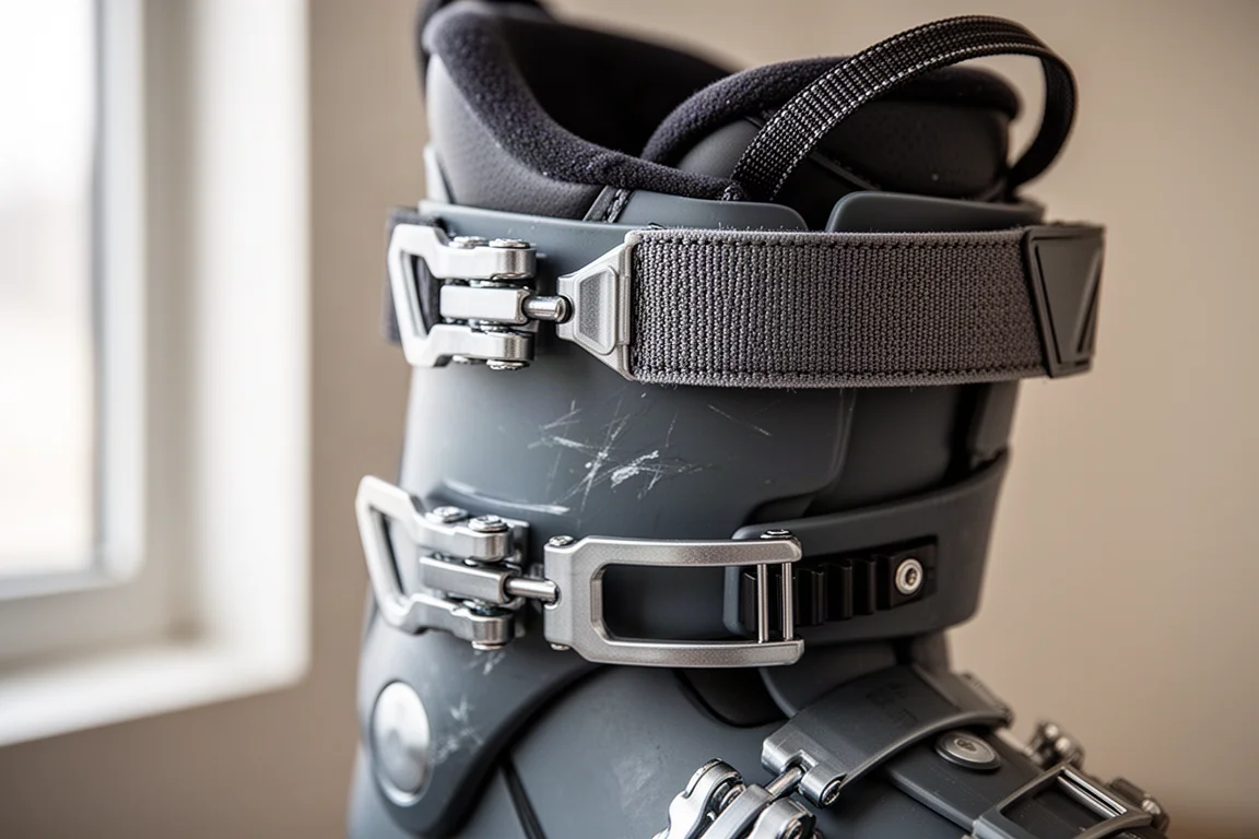 Närbild på skidpjäxans spännen och en bred power strap över den övre manschetten