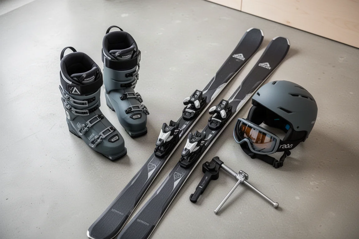 Skidpjäxor, skidor och goggles uppradade på ett betonggolv i en skidverkstad