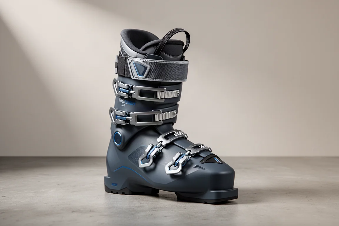 Mörkgrå alpin skidpjäxa med fyra spännen och en bred power strap på en betongyta