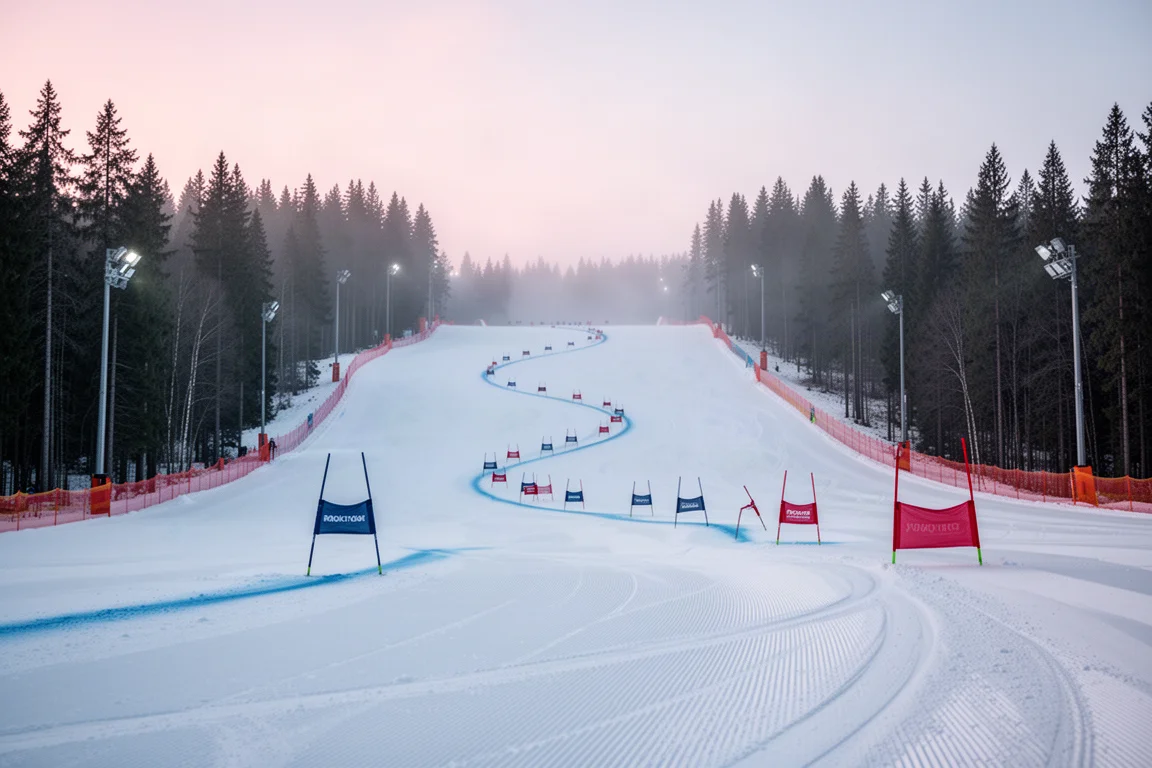 Präparierte Skipiste im Morgengrauen mit einer Reihe von Renntoren und Kiefernwald