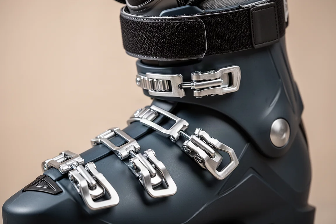 Nahaufnahme von vier Skischuh-Schnallen und einem Power Strap auf matter Schale