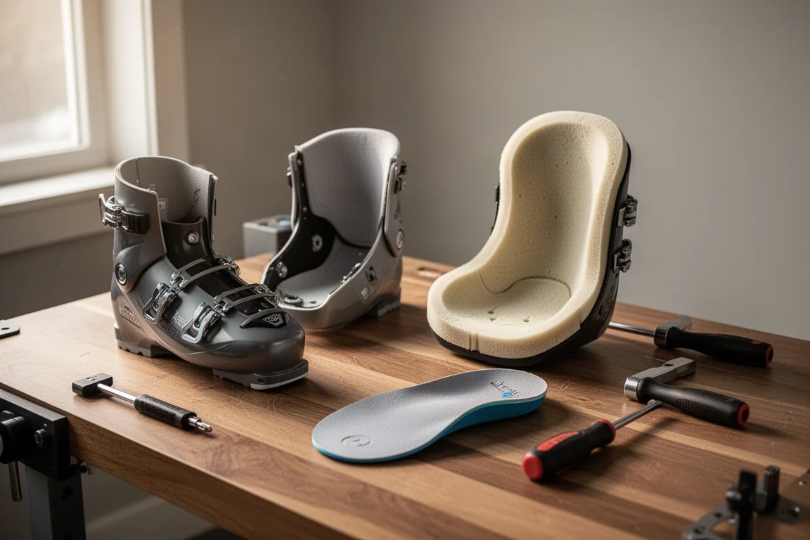 Werkbank zum Anpassen von Skischuhen mit Innenschuh, Fußbett und Handwerkzeug