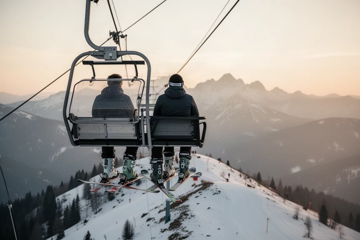 Skifahrer auf einem Sessellift über einem verschneiten Alpenkamm zur goldenen Stunde