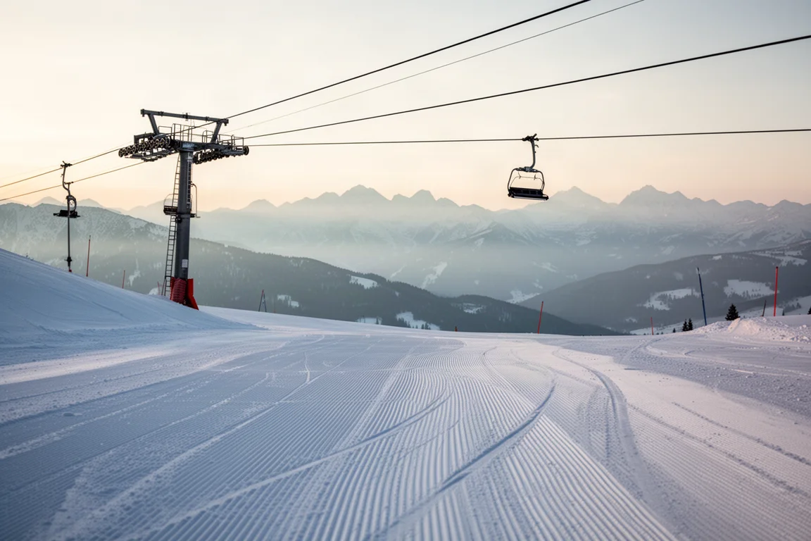 Leeg geprepareerde piste bij zonsopgang met een stoeltjeslift en een bergkam in de verte