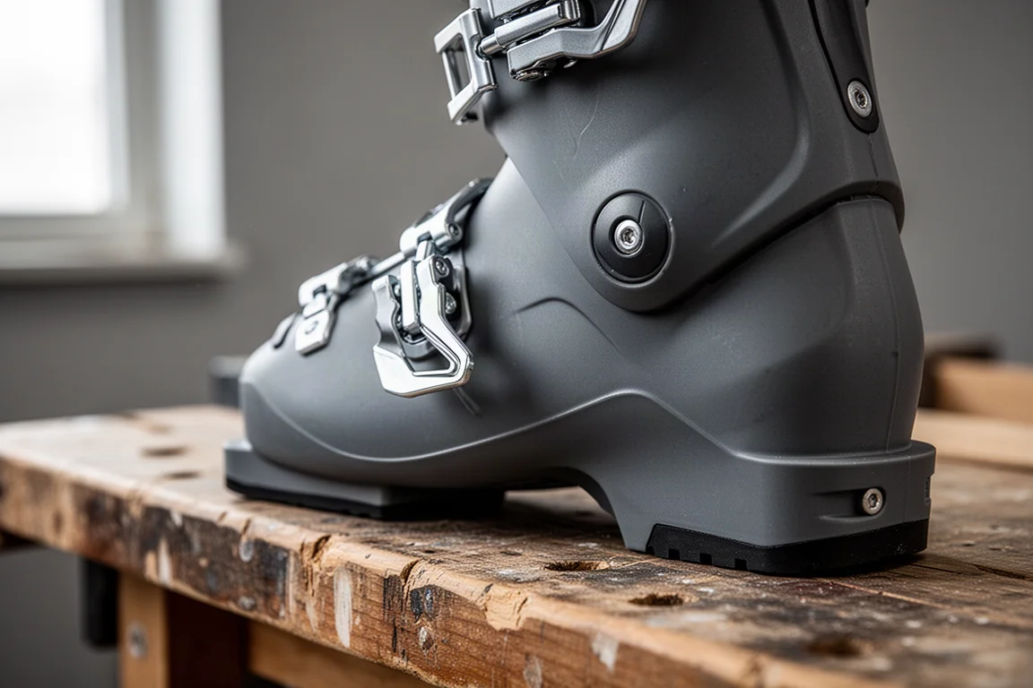 Macrodetail van gespsysteem en achterste schaft-hardware van een skischoen op een werkbank