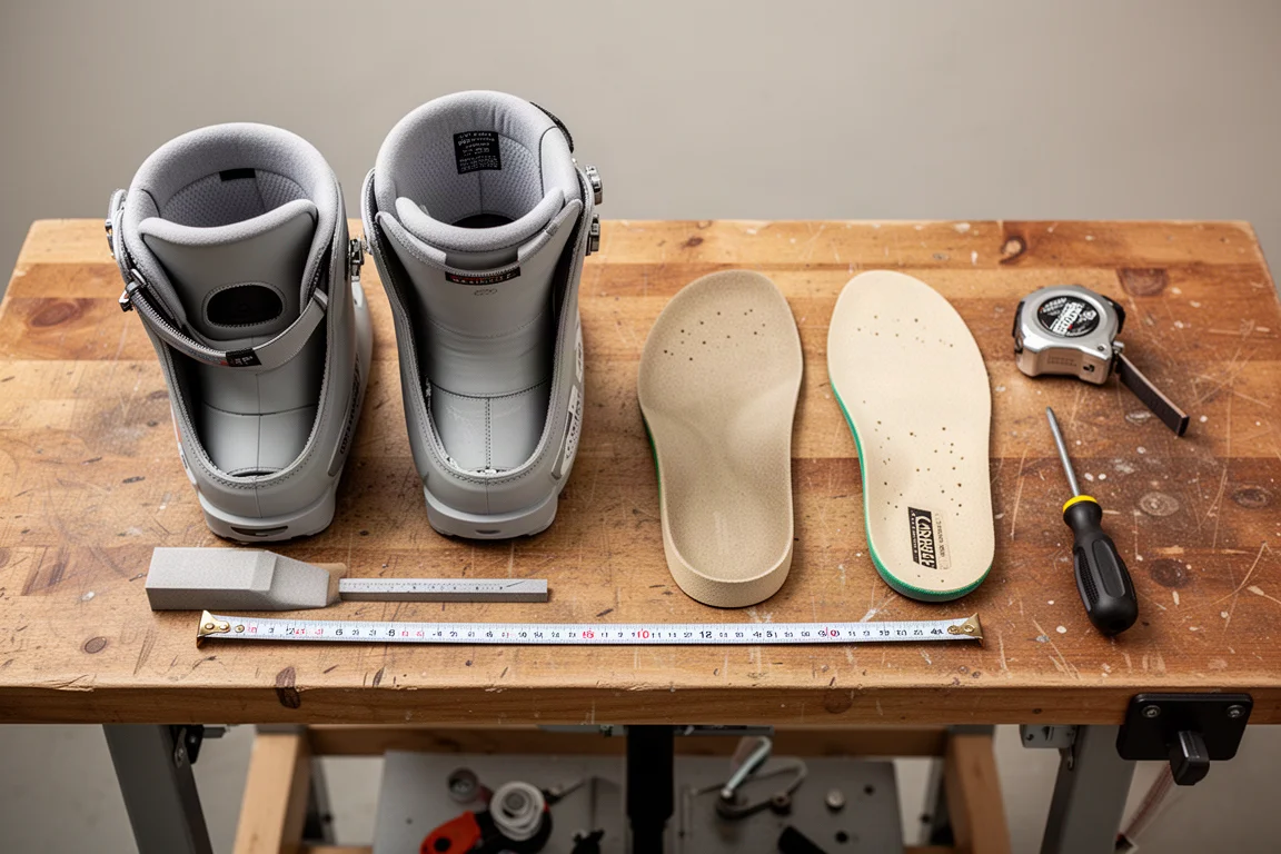 Bootfitting-bank met liners, voetbedden en handgereedschap op een werkblad