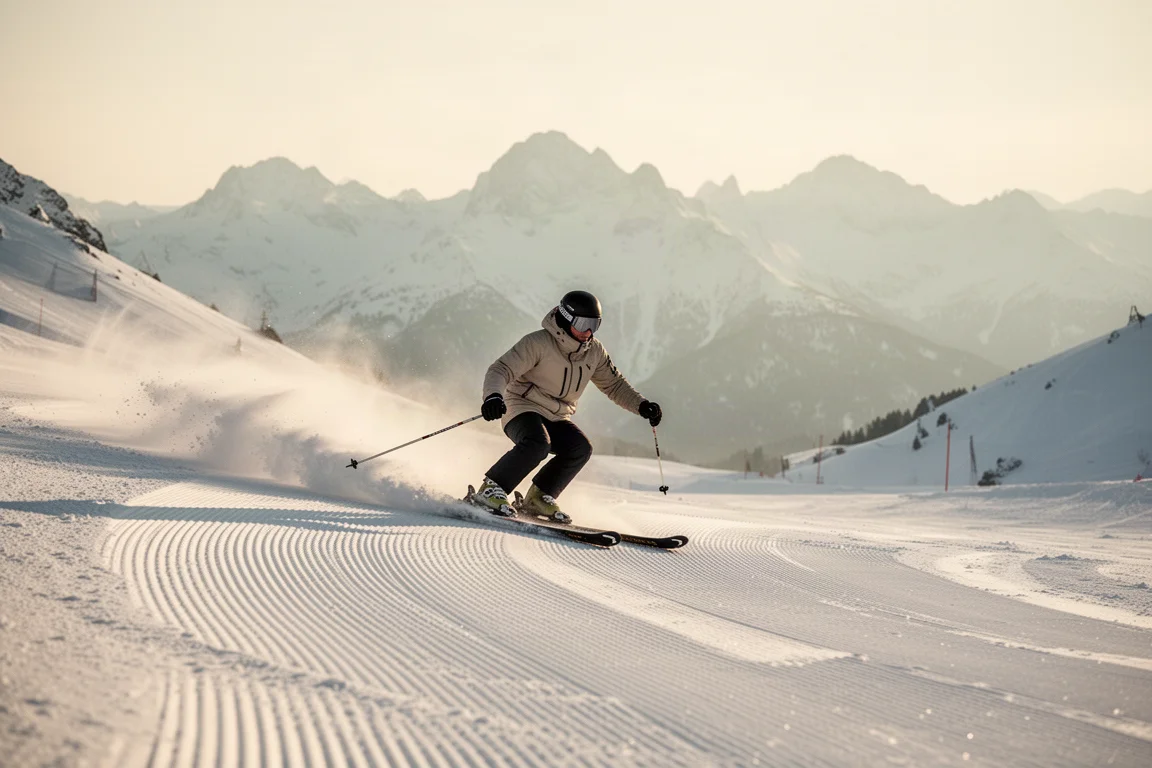 Skifahrer zieht eine weite Kurve auf präparierter Piste mit Bergen im Hintergrund
