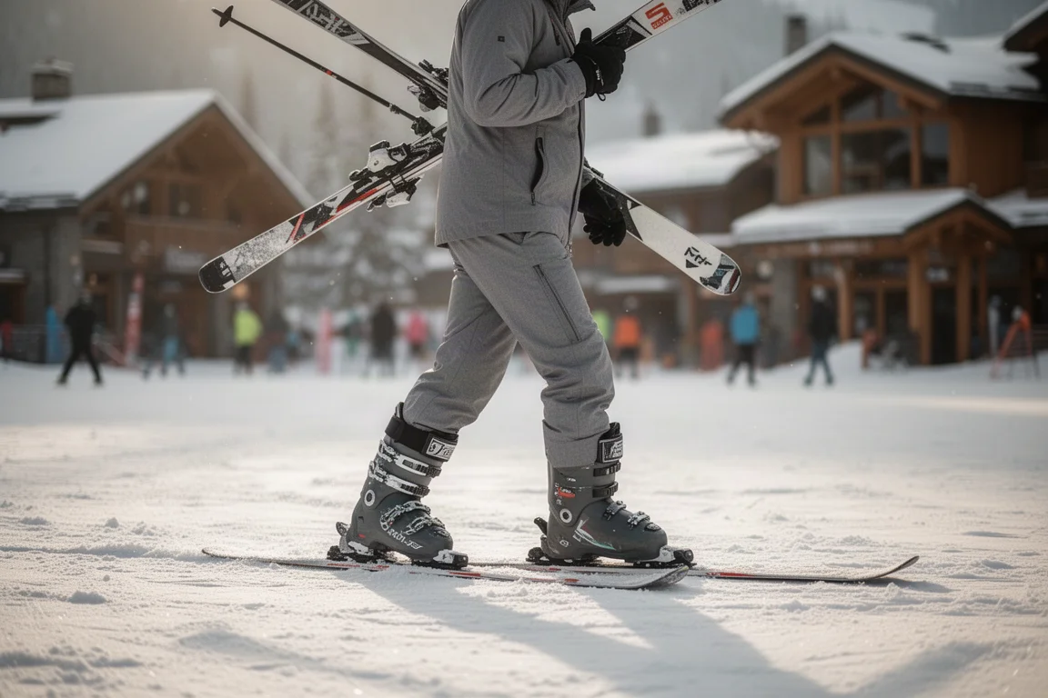 Skifahrer mit Skistiefeln überquert eine verschneite Resort-Basisstation