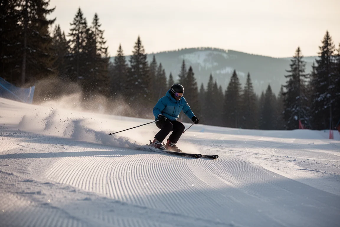 Intermediate skier carving a long turn on a groomed blue run in morning light