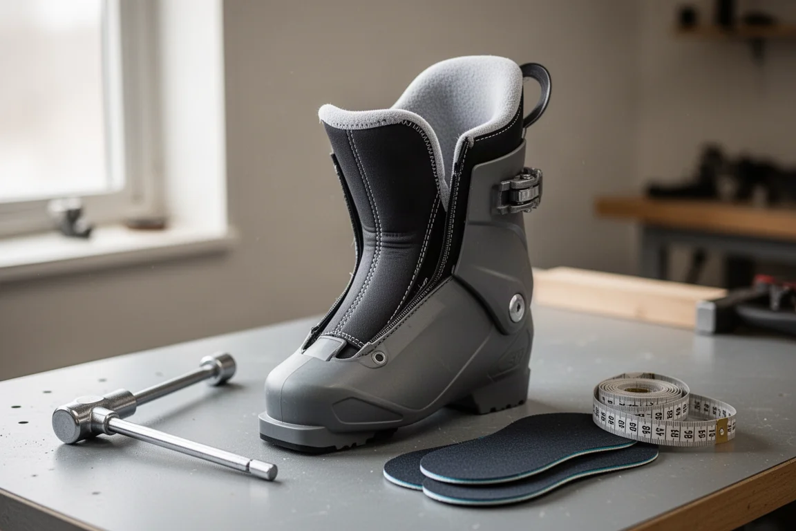 Ski boot liner lifted out of its shell on a workshop bench with fitting tools