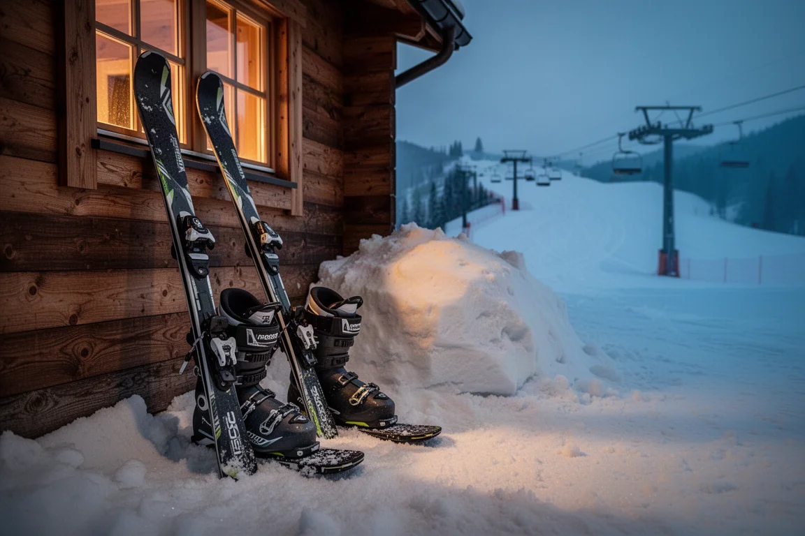 Ski boots and skis leaning against a timber lodge wall beside a snowbank at dusk