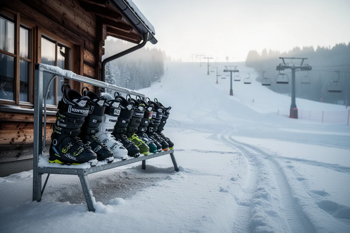 Row of ski boots on a snow-dusted rack outside a lodge before a morning run