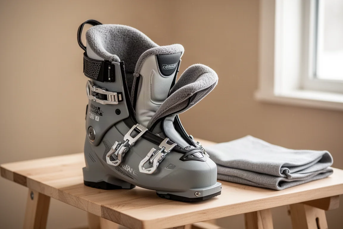 Liner de bota de esquí abierto con lengüeta acolchada y caña forrada de forro polar sobre un banco de madera