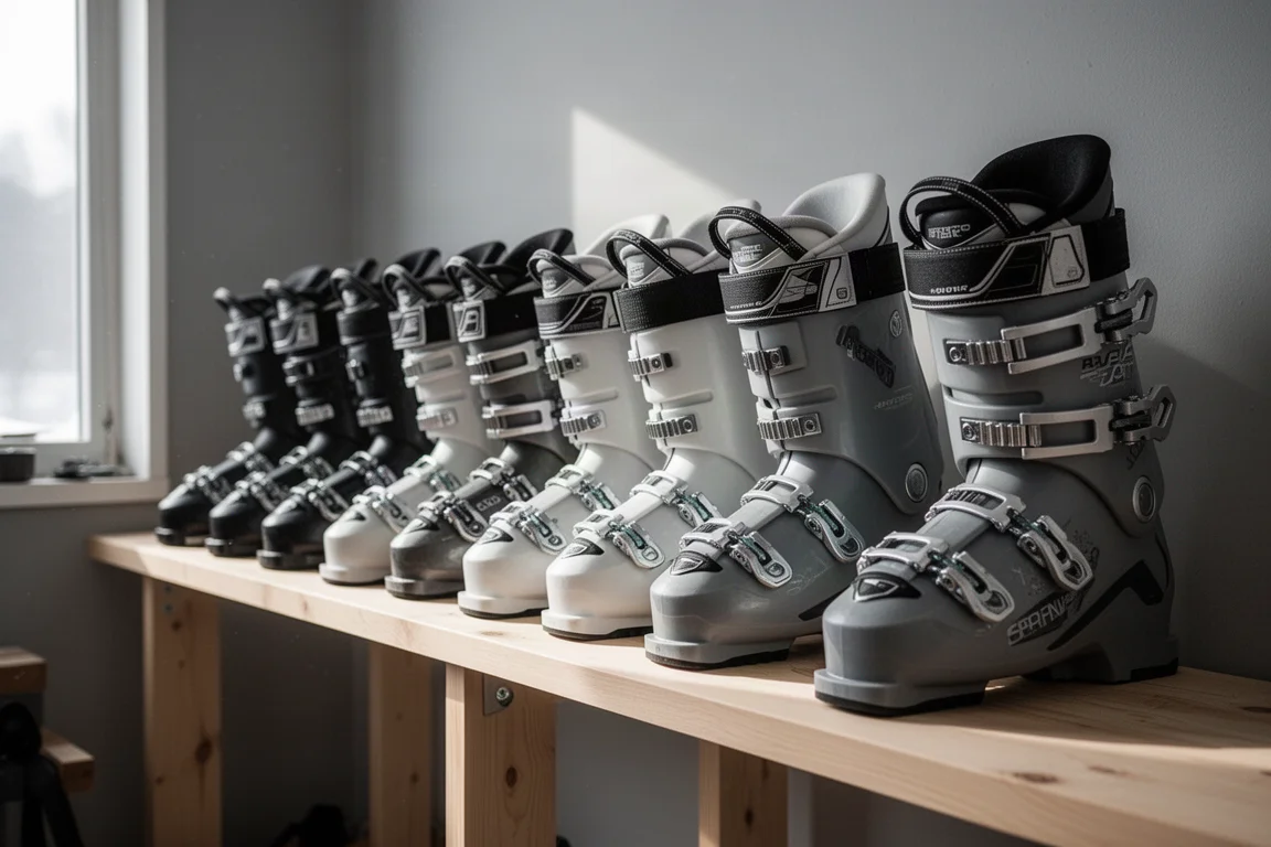 Fila de botas de esquí alpino alineadas en una repisa de madera en un taller luminoso