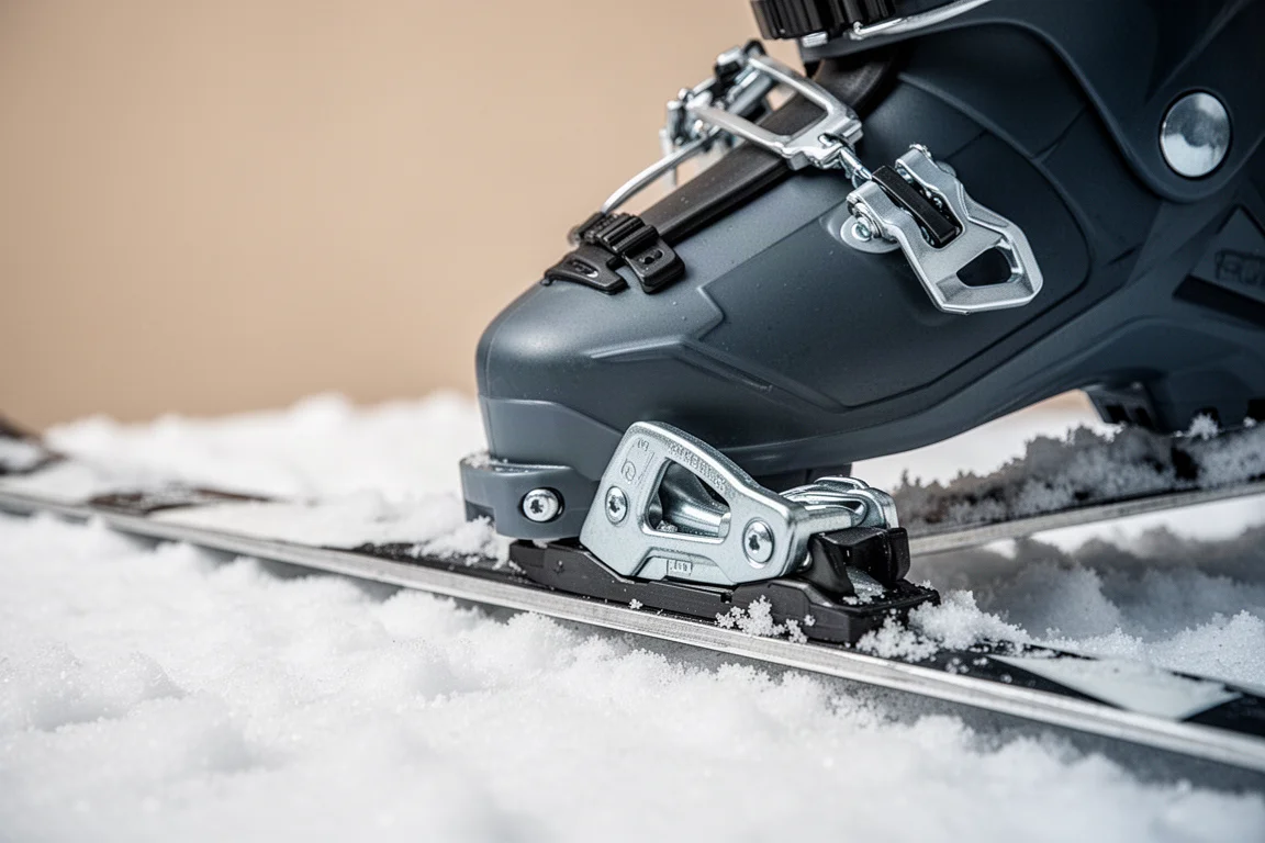Primer plano de una bota de esquí alpino flexionando contra un canto del esquí sobre nieve compactada