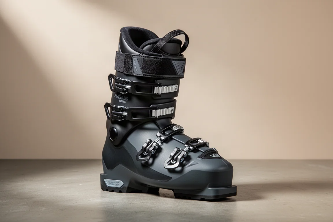 Bota de esquí alpino con cuatro hebillas, correa de potencia de velcro y suela gomizada sobre hormigón