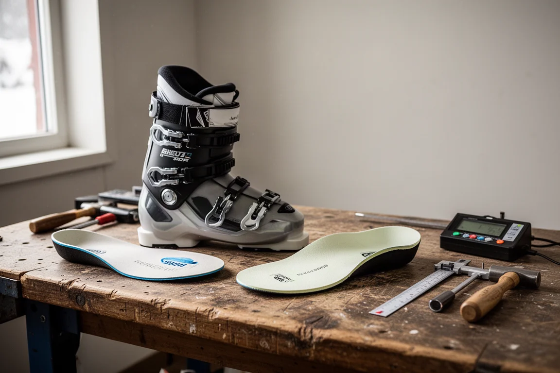 Coque, chausson et semelle intérieure d'une chaussure de ski posés sur l'établi en bois d'un bootfitter